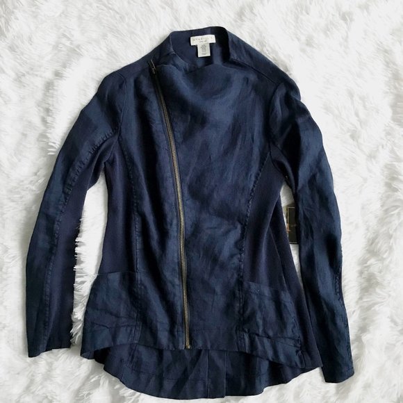 AMARYLLIS 100% Linen Navy Blue Blazer Jacket - Picture 1 of 8